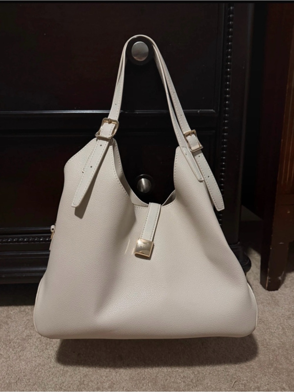 Cream Leather Shoulder Tote with Gold Hardware